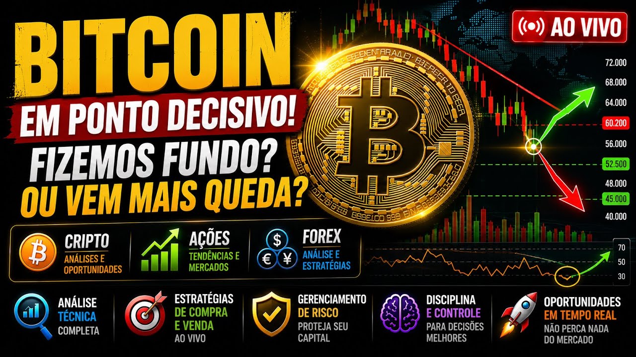 BITCOIN EM PONTO DECISIVO! FIZEMOS FUNDO? OU VEM MAIS QUEDA? CRIPTO, AÇÕES E FOREX AO VIVO