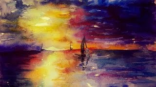 Рисование акварелью: прекрасный морской закат - Видео онлайн