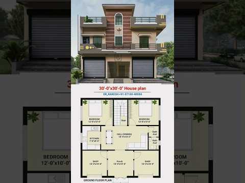 30x30 House plan 2BHK with 2shop & parking 30 by 30, 30*30 #floorplan #housedesign #shots #viral