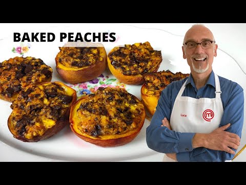 BAKED PEACHES With Amaretti Biscuits And Chocolate - Easy Recipe