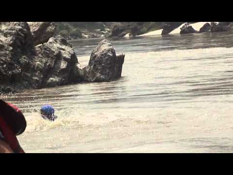 cliff jumping into fast flowing deep water of ganga