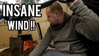 Hot tent camping in INSANE WIND !!  hold on to your tent Oscar outdoors..