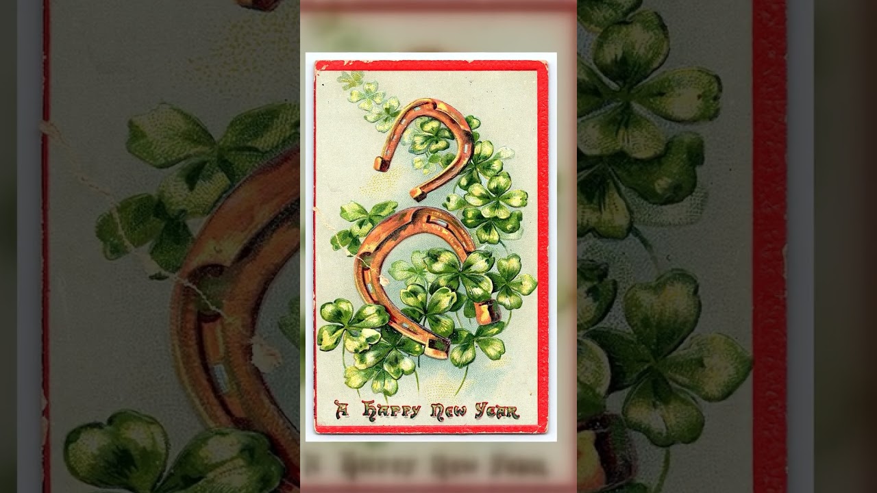 Saxony New Year Postcard, Horseshoes & Clovers, 1910s Video