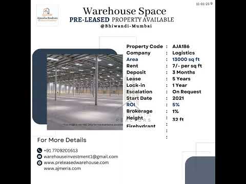 13000 sq ft PRE RENTED WAREHOUSE PROPERTY AVAILABLE FOR INVESTMENT IN BHIWANDI, MUMBAI