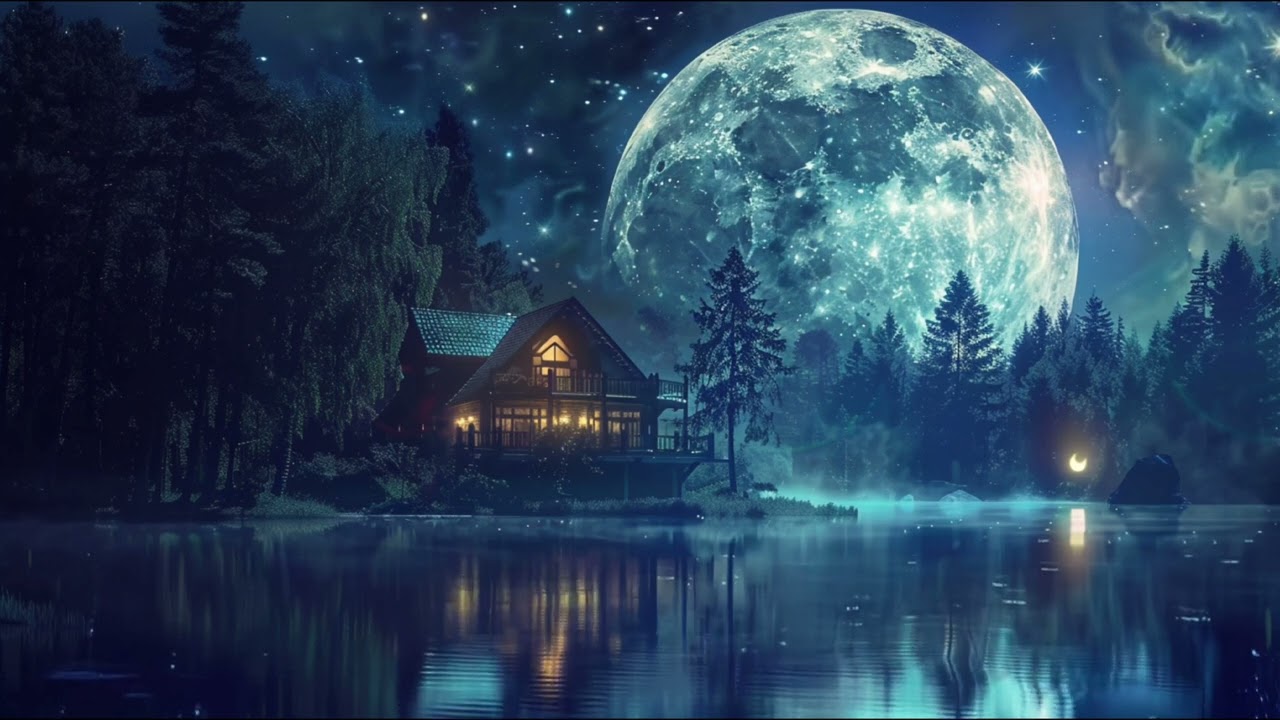 Enchanted 4K forest ASMR Super Moon Blue Night Lake Ambient Relaxing Sound