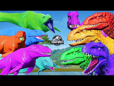 THE GIANT MOSASAURUS SHARK VS INDOMINUS REX VS T-REX ( COLOUR MOD ) AQUATIC DINOSAURS BATTLE || JWE
