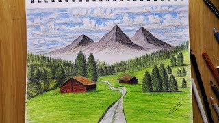 رسم منظر طبيعي سهل  رسم منظر طبيعي بالالوان الخشبية  رسم مناظر 
