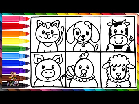 Dibuja y Colorea Animales De Granja Arcoiris 🐱🐶🐮🐷🐔🐑🌈 Dibujos Para Niños