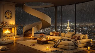 Cozy Living Room in Paris 🕯️ | Night Jazz, Rain Sounds & Warm Fireplace
