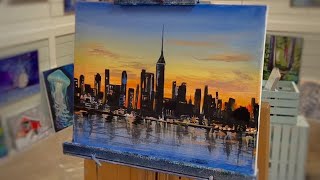 How to paint a Cityscape & Sunset Acrylic painting tutorial