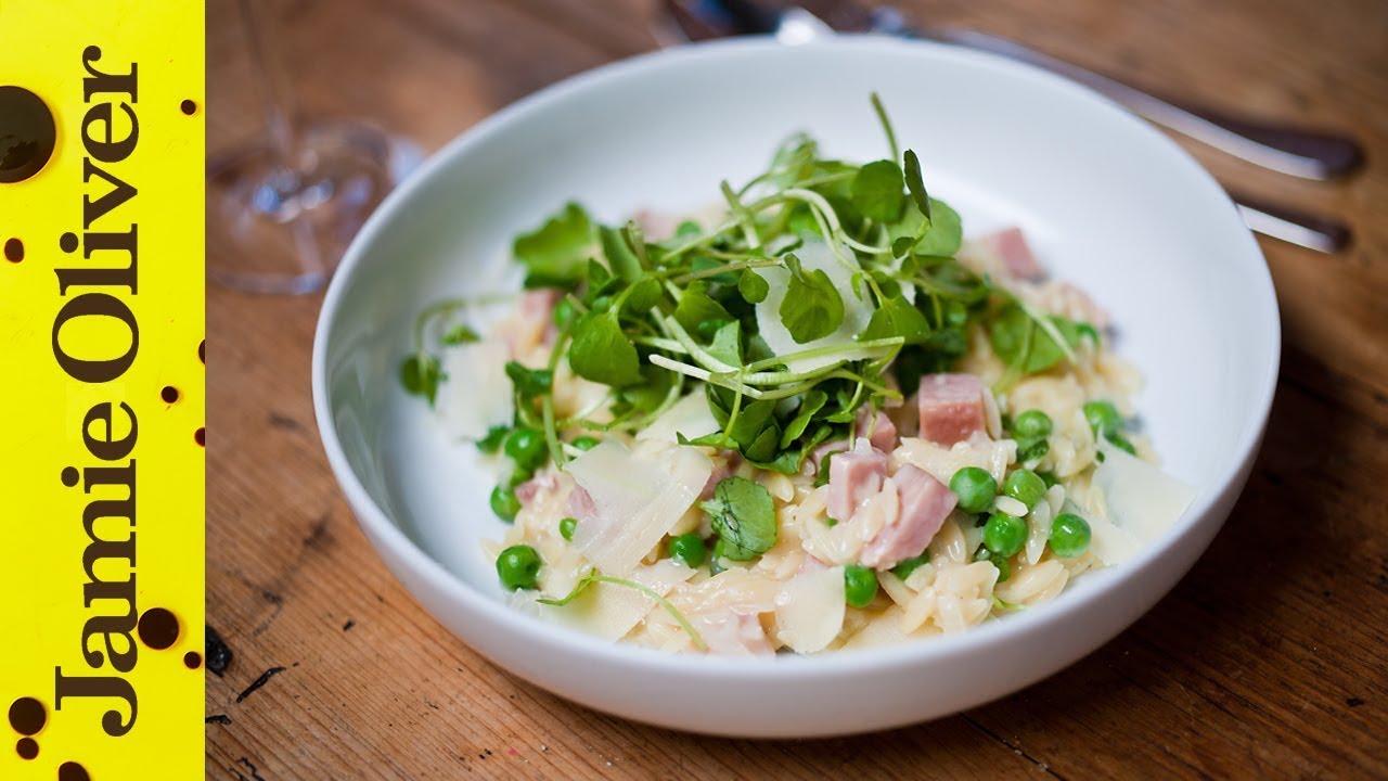 Pea and ham orzo video Jamie Oliver