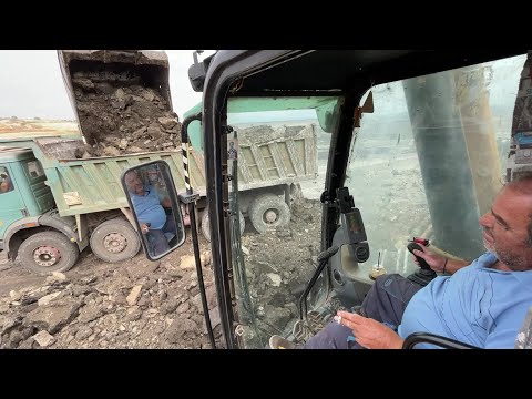 Caterpillar 365C Excavator Loading Mercedes & MAN Trucks With Three Passes