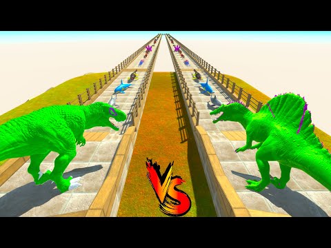 GREEN T-REX vs GREEN SPINOSAURUS RACE BATTLE COMPETITION - Animal Revolt Battle Simulator