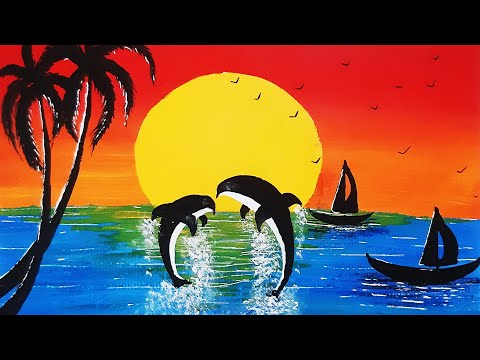 Paint Dolphin Dive at Sunset | Sunset Scenery | Easy Acrylic Painting