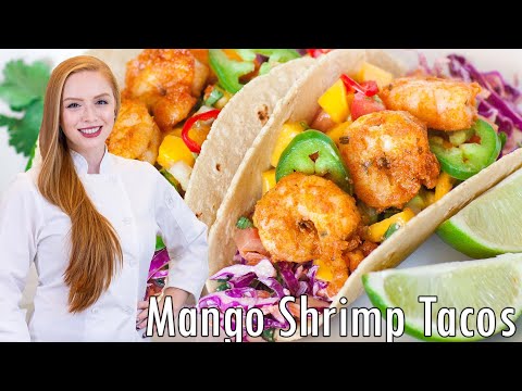 The BEST Shrimp Tacos Recipe with Mango Salsa & Red Cabbage Slaw!!
