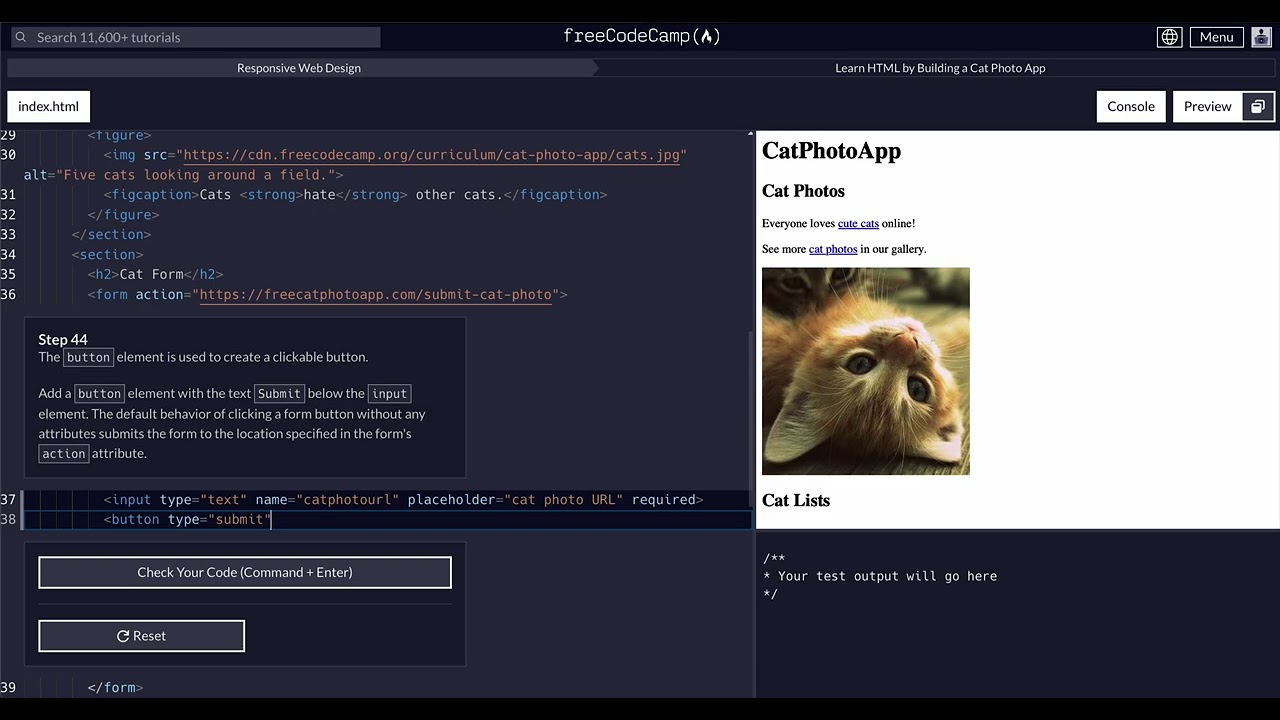 FreeCodeCamp - Responsive Web Design - Step 44 of 71 -  Learn HTML by Building a Cat Photo App