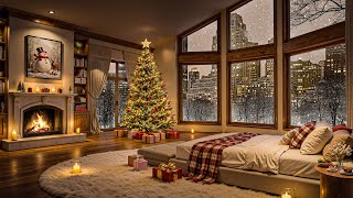 🎄🎅 Cozy Christmas Night Jazz 2026 ❄️ Snowy City Lights & Warm Bedroom Fireplace Ambience 🔥