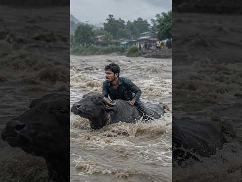 नेपाल बाढ़ का खौफनाक मंजर: भैंस पर सवार युवक #NepalFlood #Flood #Shorts