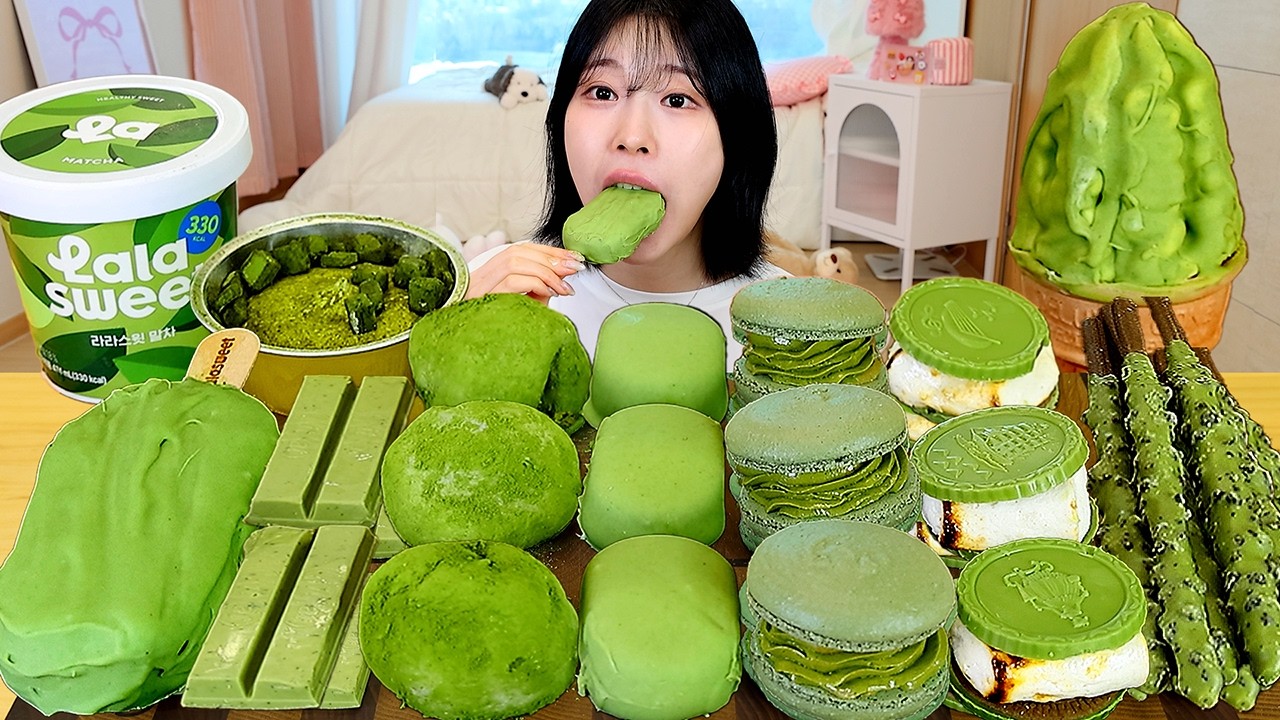 ASMR MUKBANG| 말차 디저트 말차 아이스크림 마카롱 케이크 모찌 먹방 & 레시피 MATCHA GREEN TEA DESSERT ICE CREAM EATIN
