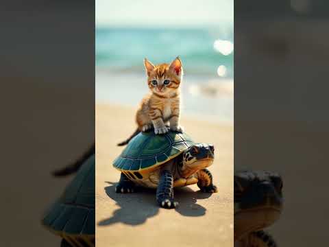 Adorable Cat Rides a Cute Turtle on a Little Adventure! #shorts #cuteanimals #CatAndTurtle#CuteCat