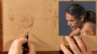 How to draw a portrait using ink pen and chalk