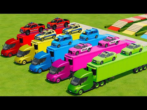 TRANSPORTING BMW, DODGE, VOLKSWAGEN, DACIA & FORD POLICE CARS WITH TESLA TRUCKS - Farming Simulator