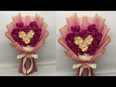 DIY | How To Make A Bouquet Of Roses From Satin Ribbons Easy | Heart Shap Bouquet