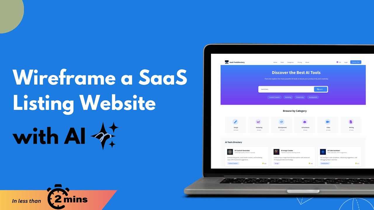 Wireframe a SaaS Listing Website Design using MockFlow Genius AI under 2 minutes