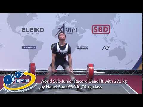 World Sb-Jr Record Deadlift with 271 kg and Total with 623.5 kg by Nahel Baali FRA in 74 kg class