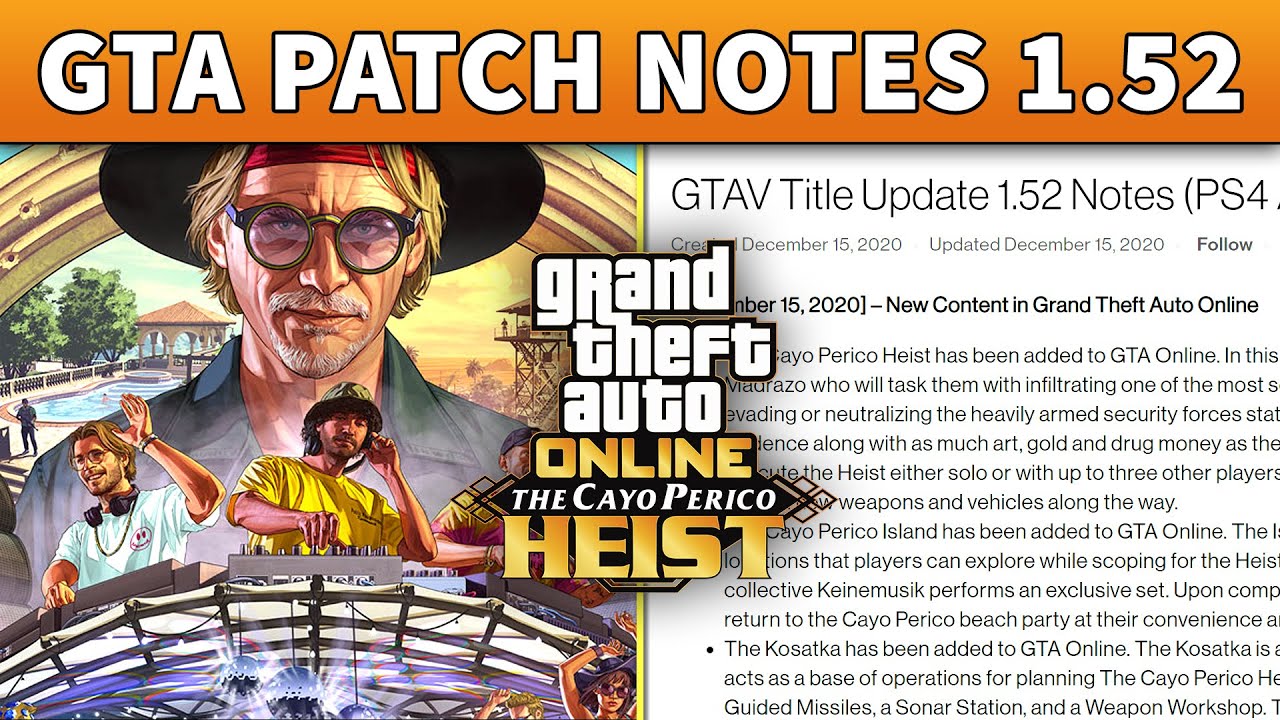 GTA Online Patch Notes v1.52 - Cayo Perico DLC Update NEW FIXES and IMPROVEMENTS