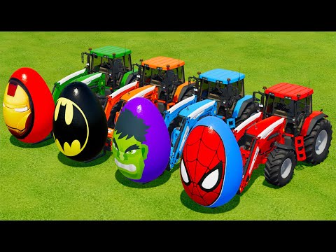 TRANSPORTING SUPER HEROES EGGS WITH JOHN DERRE & LAMBORGHINI TRACTORS - Farming Simulator 22