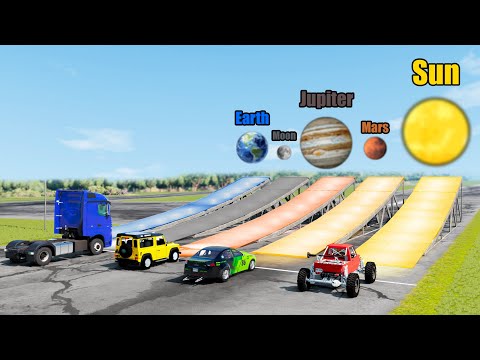 Which Ramp with Different Gravity Give Longest Jump (earth, moon, jupiter, mars, sun) - Beamng drive