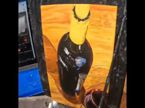 time lapse video of wine bottle and glass with acrylic pouring and traditional oils