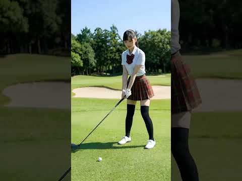 高校の制服姿の女の子がゴルフをしている