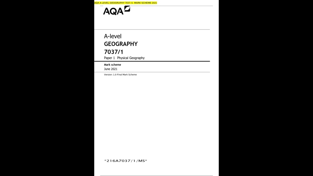 AQA A level GEOGRAPHY 7037 Paper 1 Physical Geography Mark scheme June 2021 100% Verified
