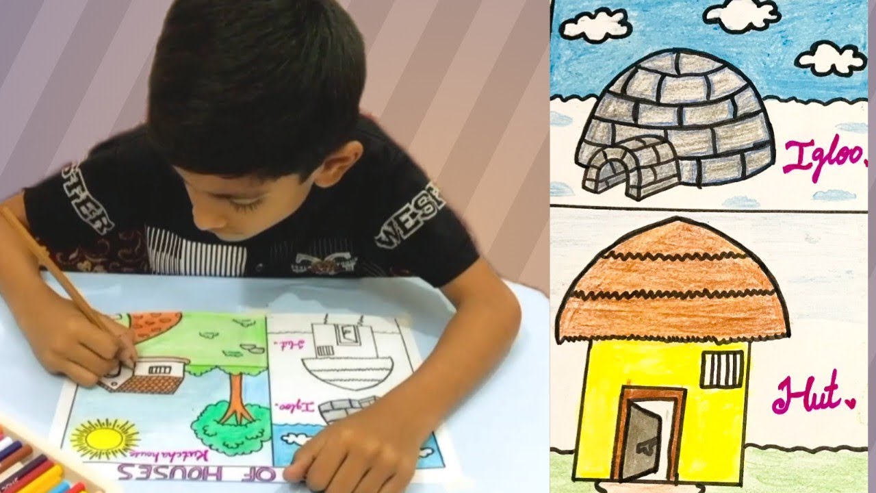 Drawing Different Types of Houses|Learn to Draw Igloo, Hut, and Kutcha House!