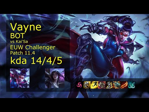 Vayne ADC & Soraka vs Kai'Sa & Seraphine - EUW Challenger 14/4/5 Patch 11.4 Gameplay