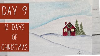 Day 9: Whimsical Red House on Snowy Hill | Beginner-Friendly Watercolor Tutorial