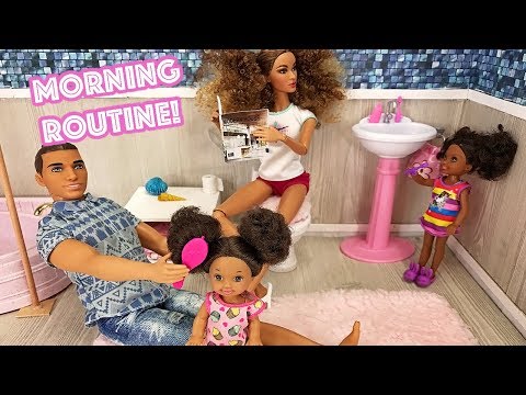 Barbie Sisters Morning Routine! Kitchen Bedroom and Pink Washroom  | Naiah and Elli Doll Show #2