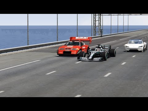 Mercedes F1 2019 vs Tesla Roadster vs Suzuki Escudo - Drag Race