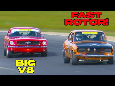 V8 Ford Mustang gets beaten by rotary RX2 Mazda! Incredible race in Historic Touring Cars.