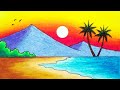 How to Draw Beautiful Sunset in the Beach | Easy Sunset Scenery Drawing