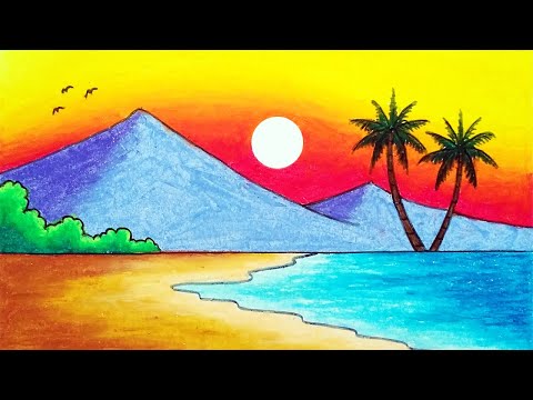 How to Draw Beautiful Sunset in the Beach | Easy Sunset Scenery Drawing