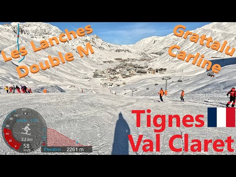 [4K] Skiing Val Claret Tignes, Les Lanches Double M, Grattalu and Carline, France, GoPro HERO11