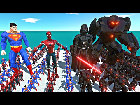 Spiderman Team + Superman Team vs Hulkbuster Team + Darth Vader - Animal Revolt Battle Simulator