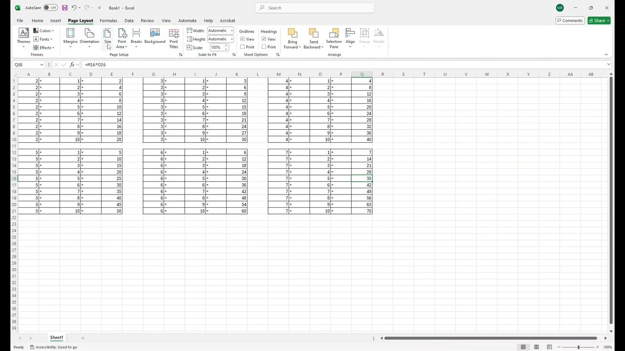 MS Excel   How to create printable times table with exercise