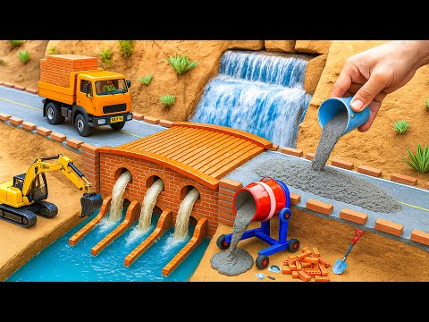 DIY Science Project Metal Railing Bridge - Tractor Making Mini 2 Floor Dam Over River with Bricks