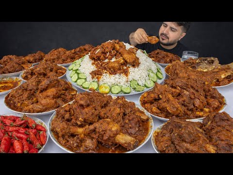 ASMR; Eating Spicy Chicken Legs Spicy Mutton Nulli Curry Spicy Fish Curry with Rice Red Whole Chilli