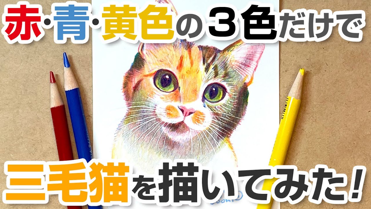 赤・青・黄色の3色の色鉛筆だけで三毛猫を描いてみた
