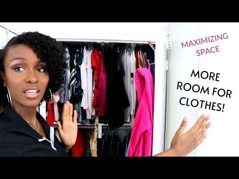 Part of a video titled How to Fit Lots of Clothes in a Small Space | Small Closet Storage Ideas